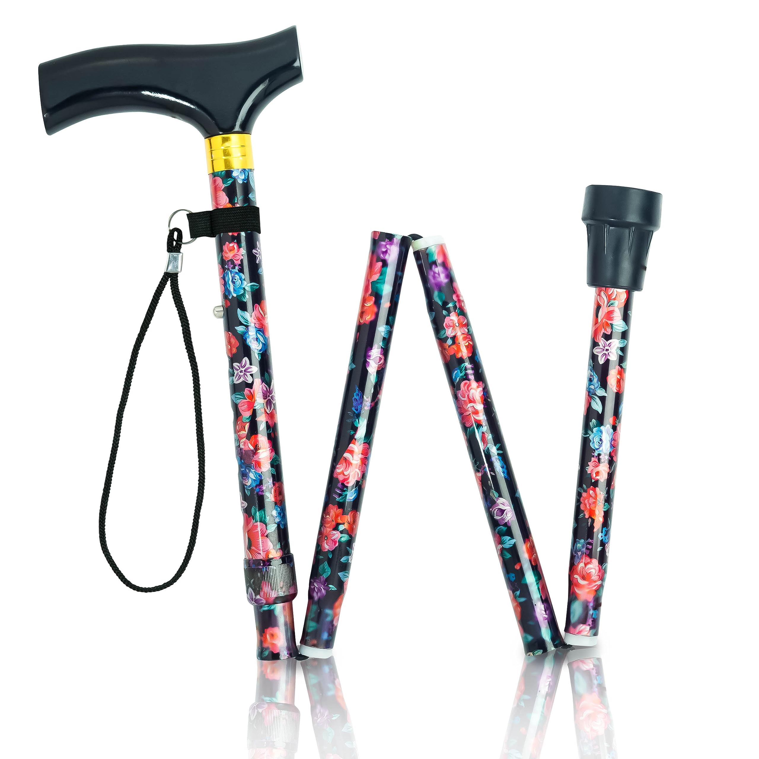 Amazing Health Flower Folding Walking Stick T-Shape Wooden Handle - Height Adjustable with wrist strap and Extra Free rubber ferrule (blk/red)
