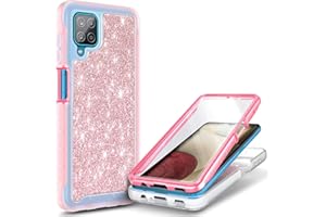NZND Case for Samsung Galaxy A12 with [Built-in Screen Protector], Full-Body Protective Shockproof Rugged Bumper Cover, Impact Resist Phone Case Cover (Glitter Rose Gold)