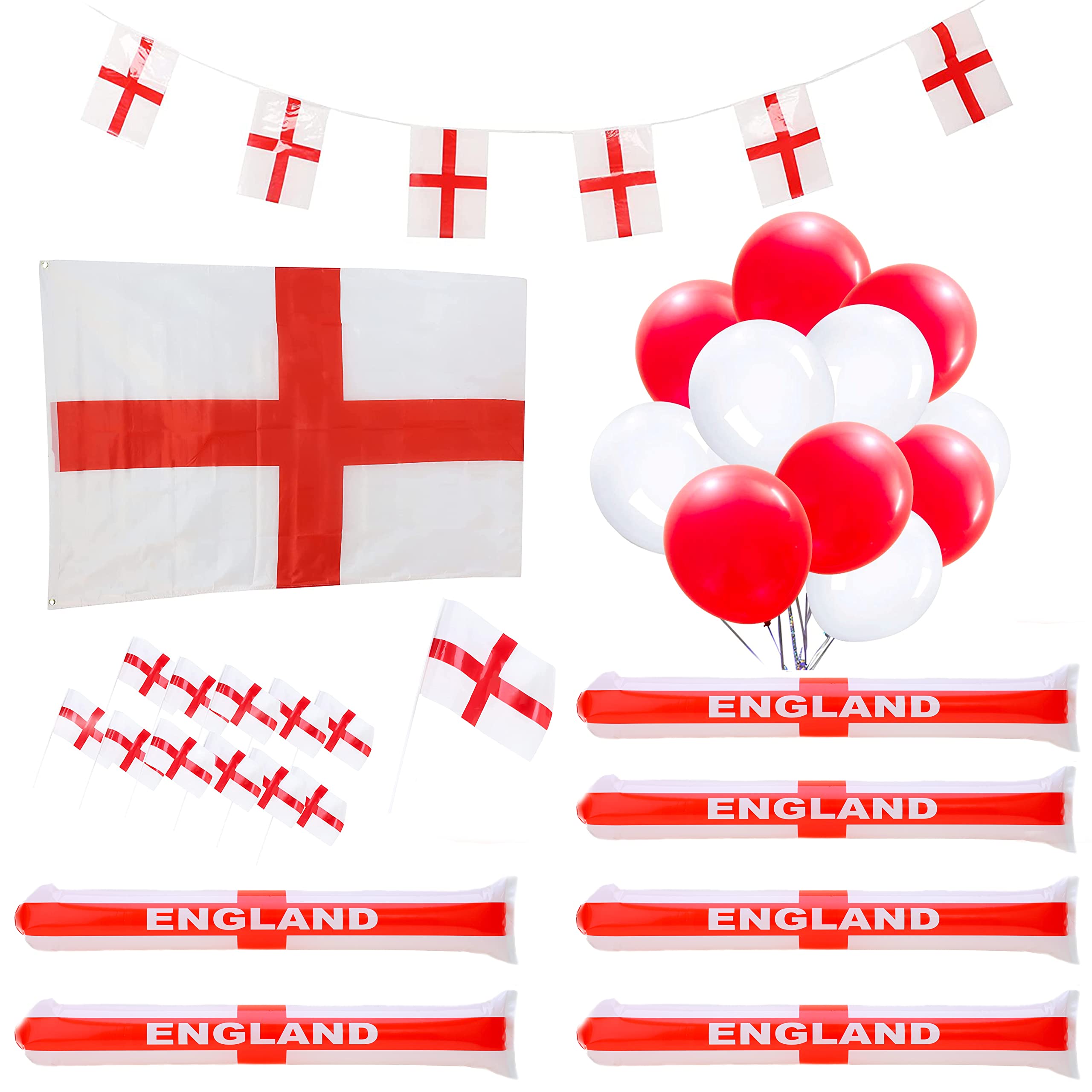 Toyland® 50 Piece England Party Decorations Bundle – 10m Bunting, 12 Hand Flags, 5ft x 3ft St George Flag, 30 Latex Balloons & 6 Bang Bang Sticks - Euros - World Cup Football Party