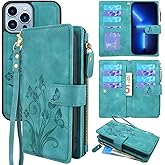 Lacass Compatible with iPhone 13 Pro Max 6.7 inch 2021 Case [Card Slots] ID Credit Cash Holder Zipper Pocket Detachable Magnet Leather Wallet Cover Wrist Strap Lanyard(Floral Blue Green)