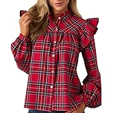 Plaid Shirts for Women Ruffle Button Down Shirts Puff Long Sleeves Blouses Collared Casual Tops