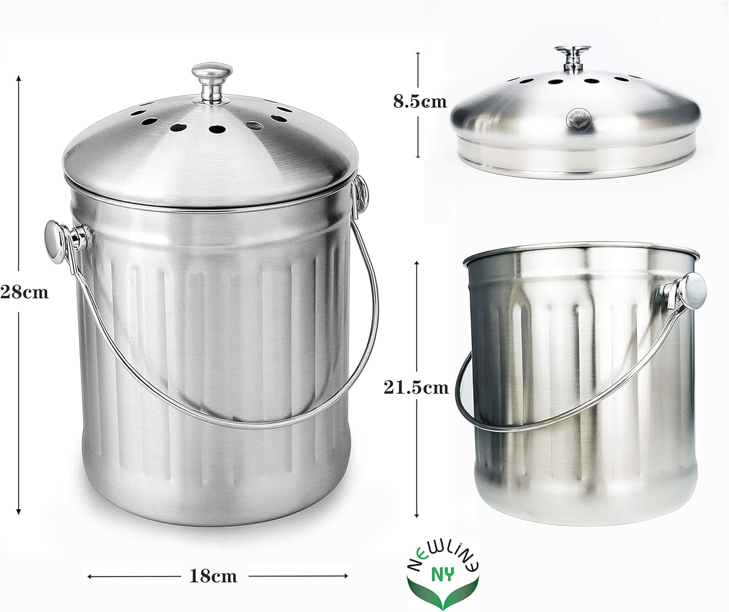 NewlineNY Stainless Steel Indoor Compost Bin for Kitchen Countertop 1.3 Gallon Recycling Pail Bucket with 2 Charcoal Filters - Image 3