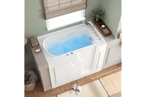 FerdY Floridian 55" x 33" Walk-in Whirlpool Bathtub with 16 Air SPA Jets and Right-Side Door Opening and Quick Fill and Drain System, Rectangular Soaking Jetted Bath Tub in White with 2 LED Lights