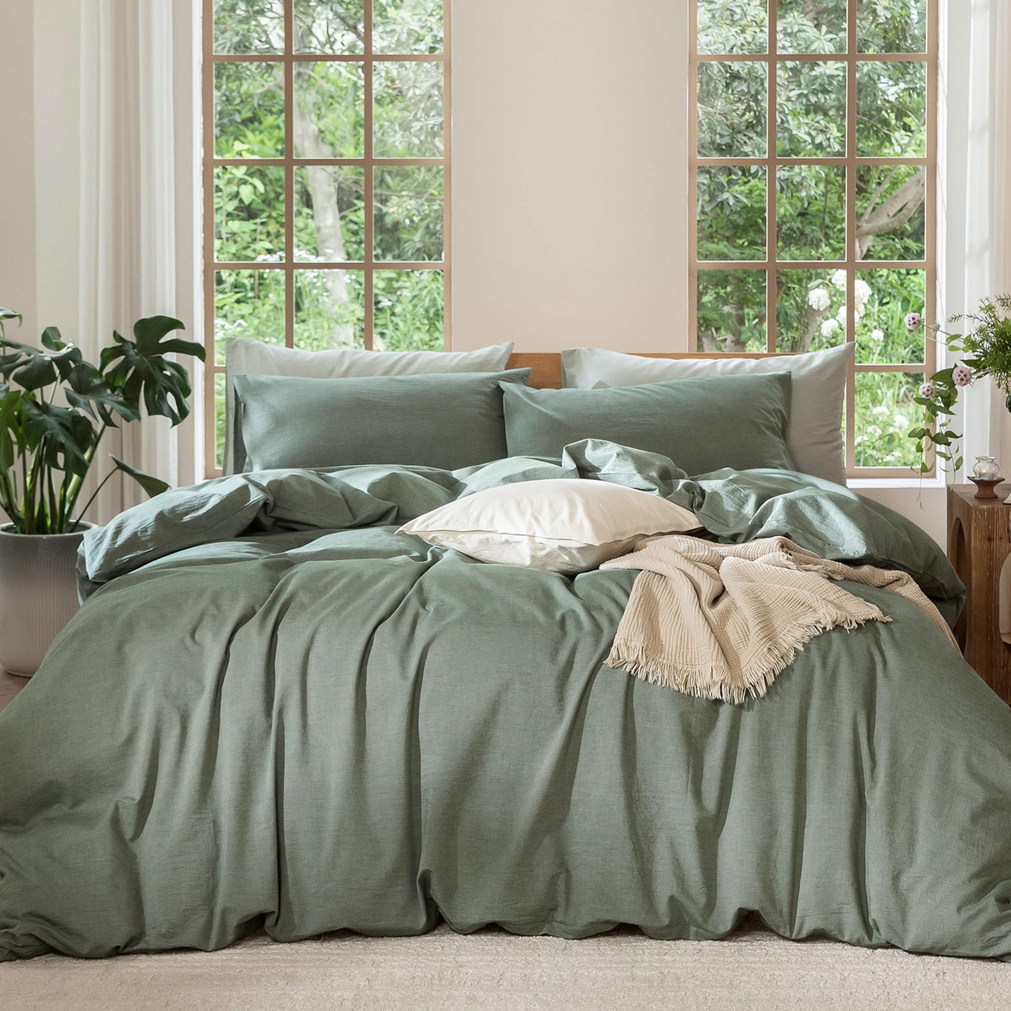 Photo 1 of ** VERY USED** MooMee Bedding Duvet Cover Set 100% Washed Cotton Linen Like Textured Breathable Durable Soft Comfy (Heathered Green, Palatial King/Oversized King 120"x98")