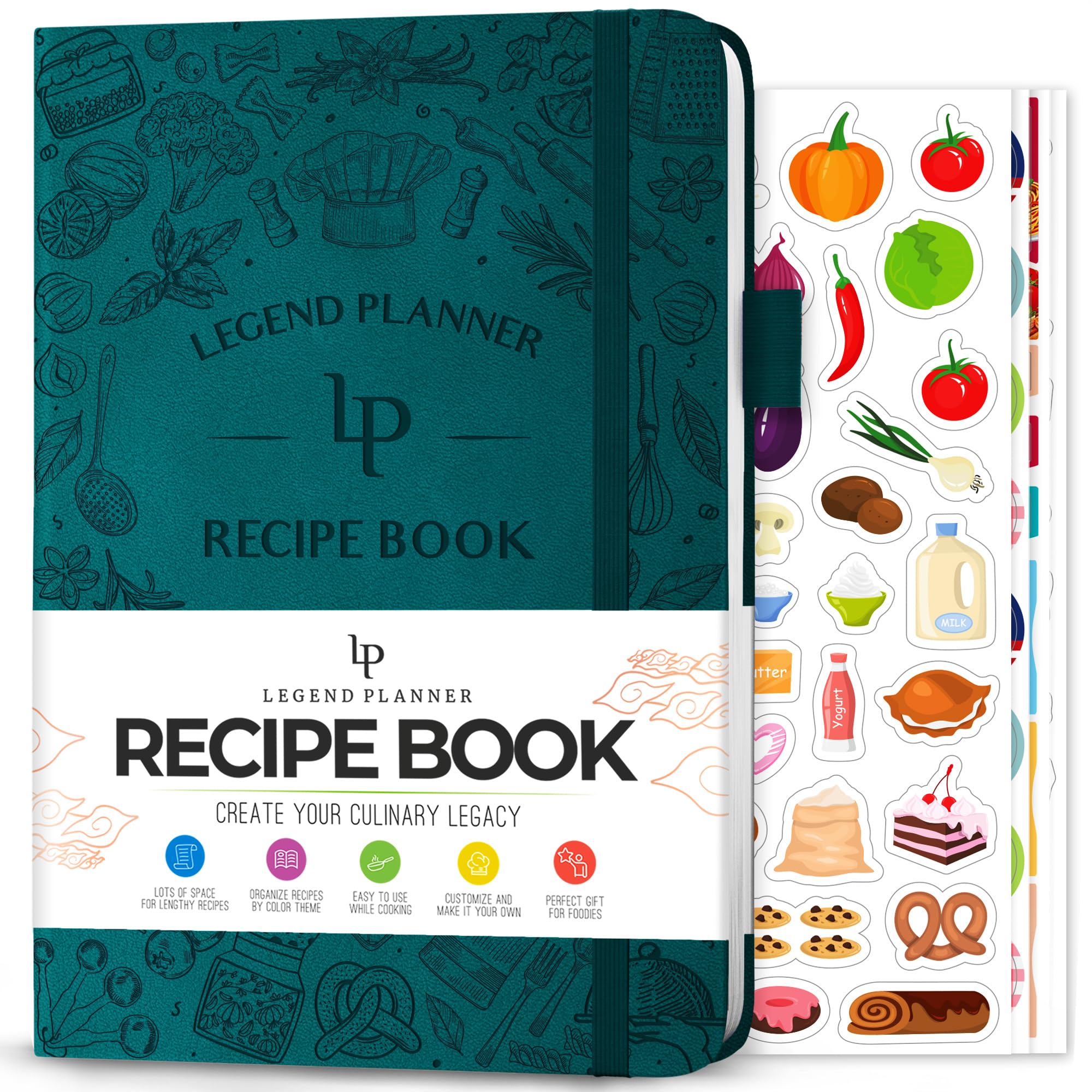 Legend Recipe Book – Blank Family Cookbook to Write In Your Own Recipes – Empty Cooking Journal – Personalized Cooking Notebook, Hardcover, A5-Sized, 58 Recipes In Total - Dark Teal