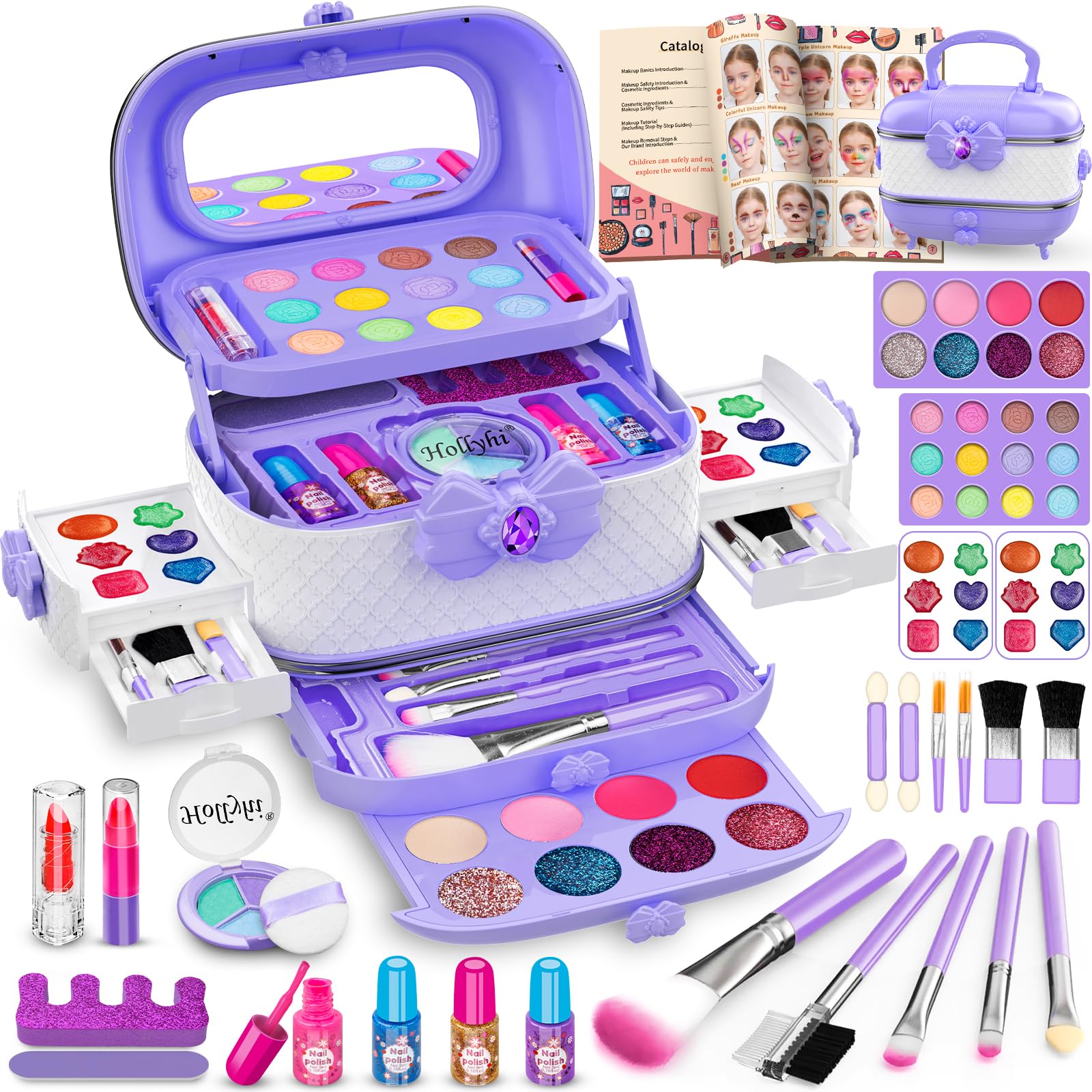 Hollyhi 58pcs Kids Real Makeup Sets for Girls, Safe Washable Children Pretend Dress Up Toys Make Up Starter Kit, Princess Christmas Birthday Gifts for Age 3 4 5 6 7 8 9 10 11 12 Year Old Girl (Purple) — image 1
