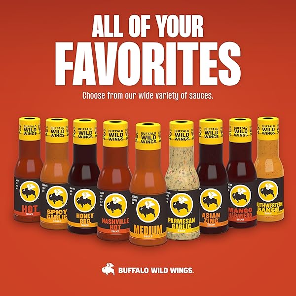 BUFFALO WILD WINGS MEDIUM BUFFALO SAUCE, 12 FL. OZ., PERFECT DIPPING SAUCE, CHICKEN MARINADE, WING SEASONING AND BURGER TOPPING, ENJOY A MEDIUM, COMFORTABLE HEAT