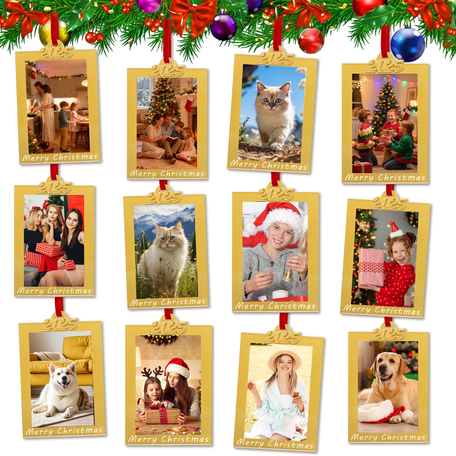 Photo 1 of 12 Pack Christmas Picture Frame Ornaments - 2x3 Inch Photo Frame Double-Sided Acrylic Hanging Photo Ornament with Red Satin Ribbon, Gold Picture Frame Ornaments for Tree, Holiday Party Home Decor