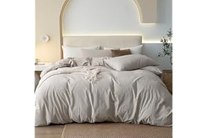 JIYUAN 100% Washed Cotton Duvet Cover Set Comfy Simple Style Soft Breathable Textured Durable Linen Feel Bedding for All Seasons King Size,Solid Cream Grey
