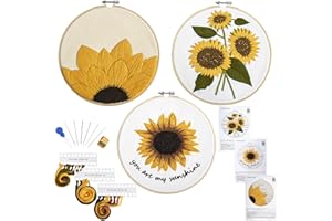 Armindou 3 Sets Embroidery Starter Kits with Sunflower Pattern for Adults Beginners, Floral Stamped Cross Stitch Kit Hand DIY Needlepoint Kit, 3 Embroidery Hoops, 3 Embroidery Fabric, Needles, Threads