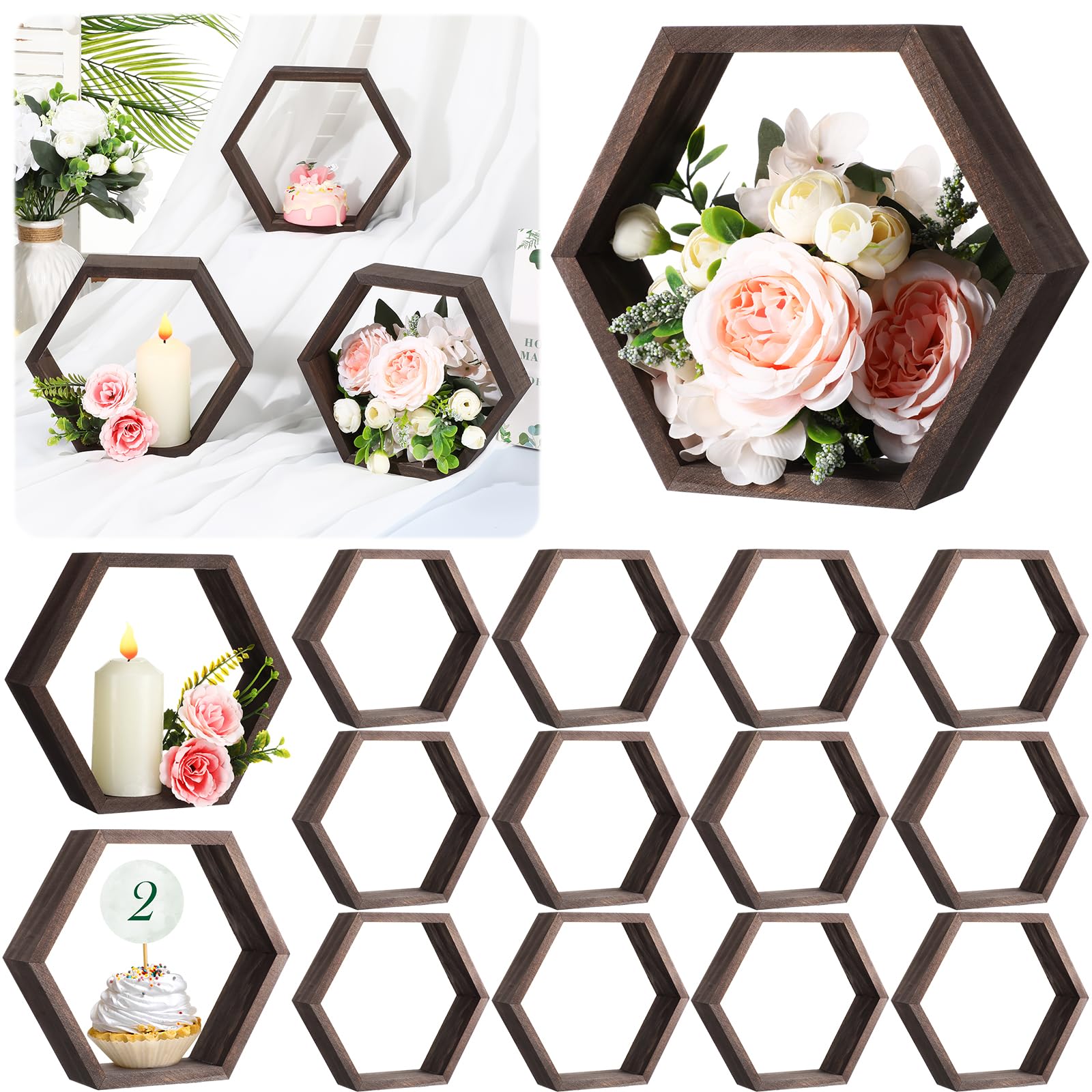 Photo 1 of Barydat 12 Pcs 8 Inch Hexagon Shelves Wedding Table Decorations Hexagon Wood Centerpiece Geometric Terrarium Decorative Honeycomb Floating Storage Shelf for Home Office Room (Dark Brown)