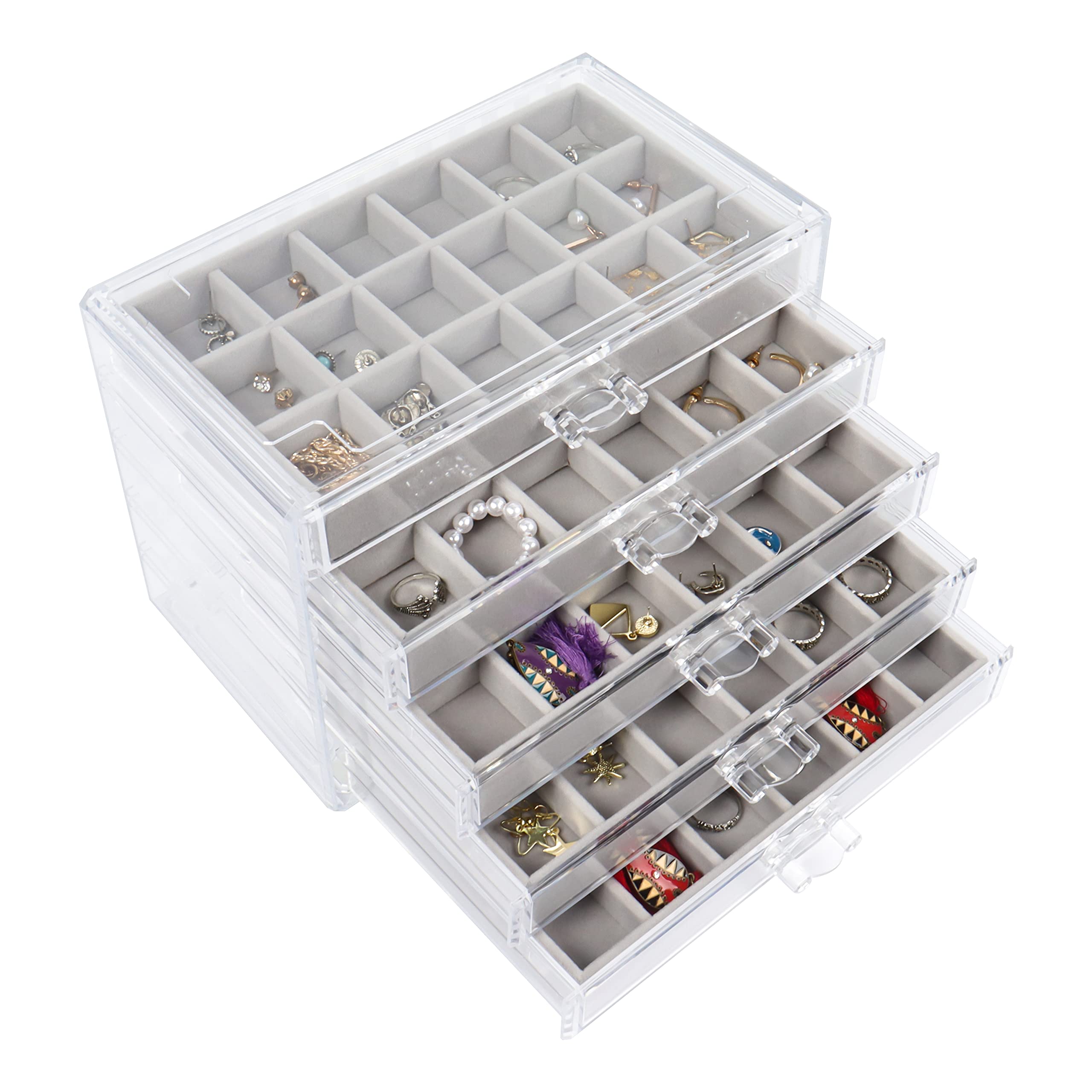 Nwvuop Acrylic Jewellery Box with 5 Drawers Adjustable Earring Storage Holder Clear Jewellery Storage Organiser for Rings Earrings Necklace Makeup Cosmetic Storage Box Grey