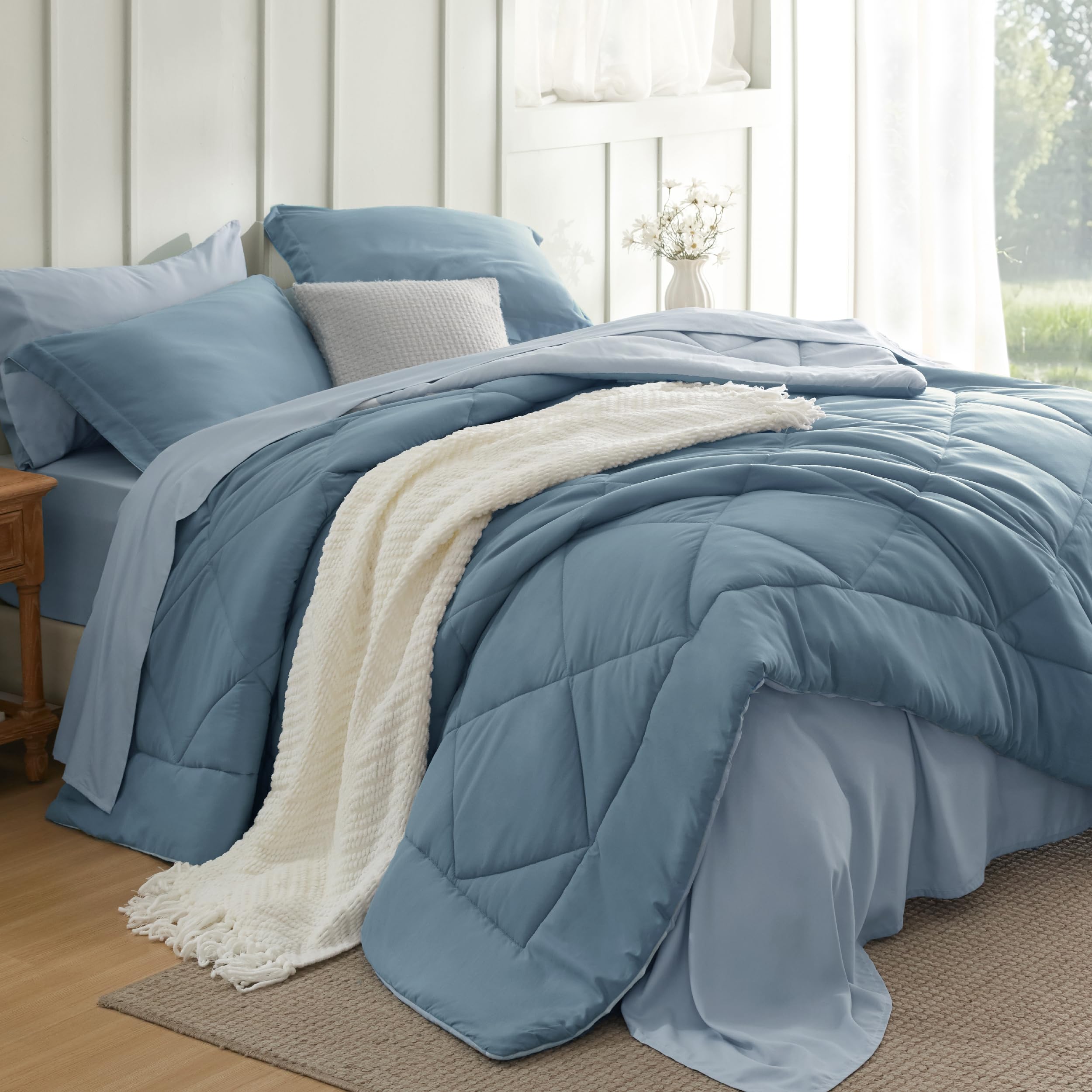 Bedsure Full Comforter Set - 7 Pieces Reversible Grayish Blue Bedding, Full Size Bed Set for All Seasons, Bed in a Bag with Down Alternative Comforter, Sheets, Pillowcases & Shams Image