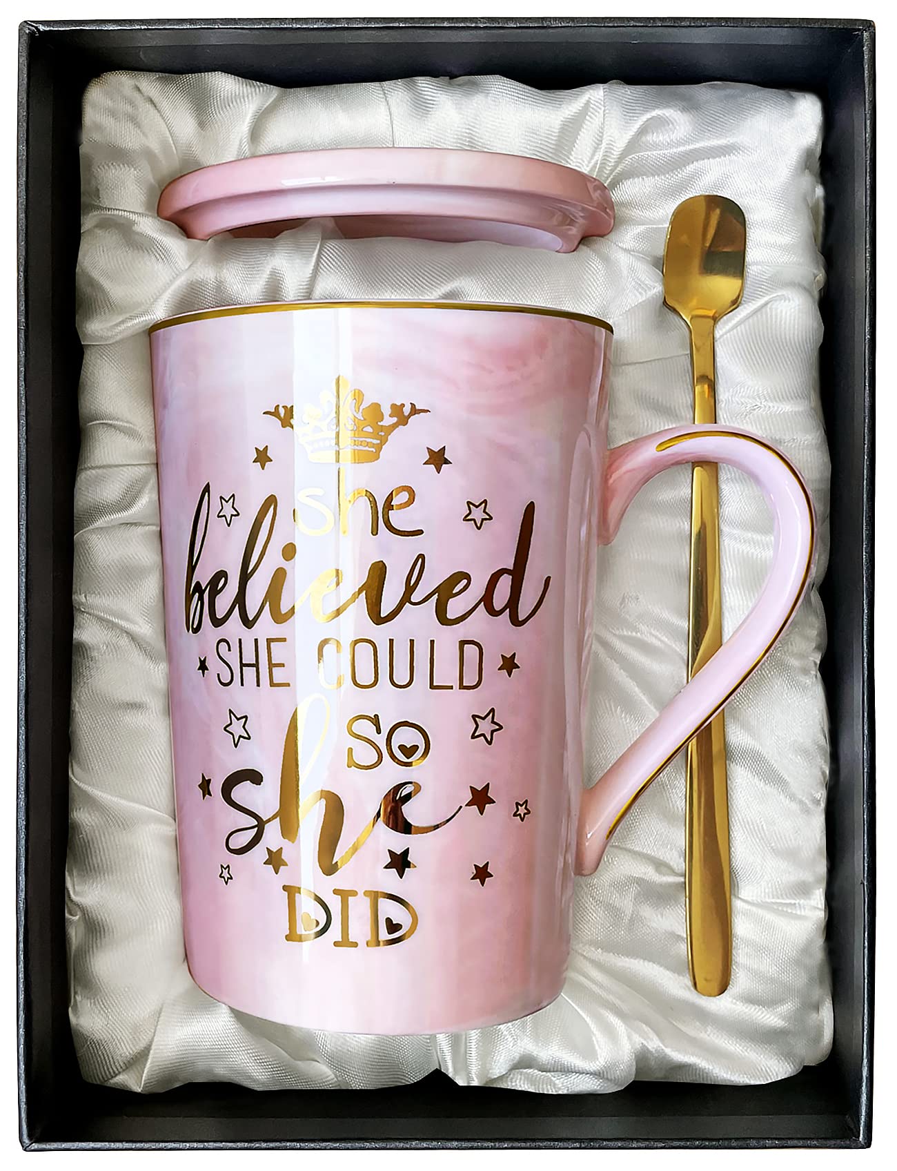 Doublewhale Gifts for Her, Graduation Gifts for Women, Congratulations Gift for Women, Friends, Sisters, She Believed She Could So She Did Mug, 14oz Marble Coffee Mug with Spoon Lid Card Gift Box