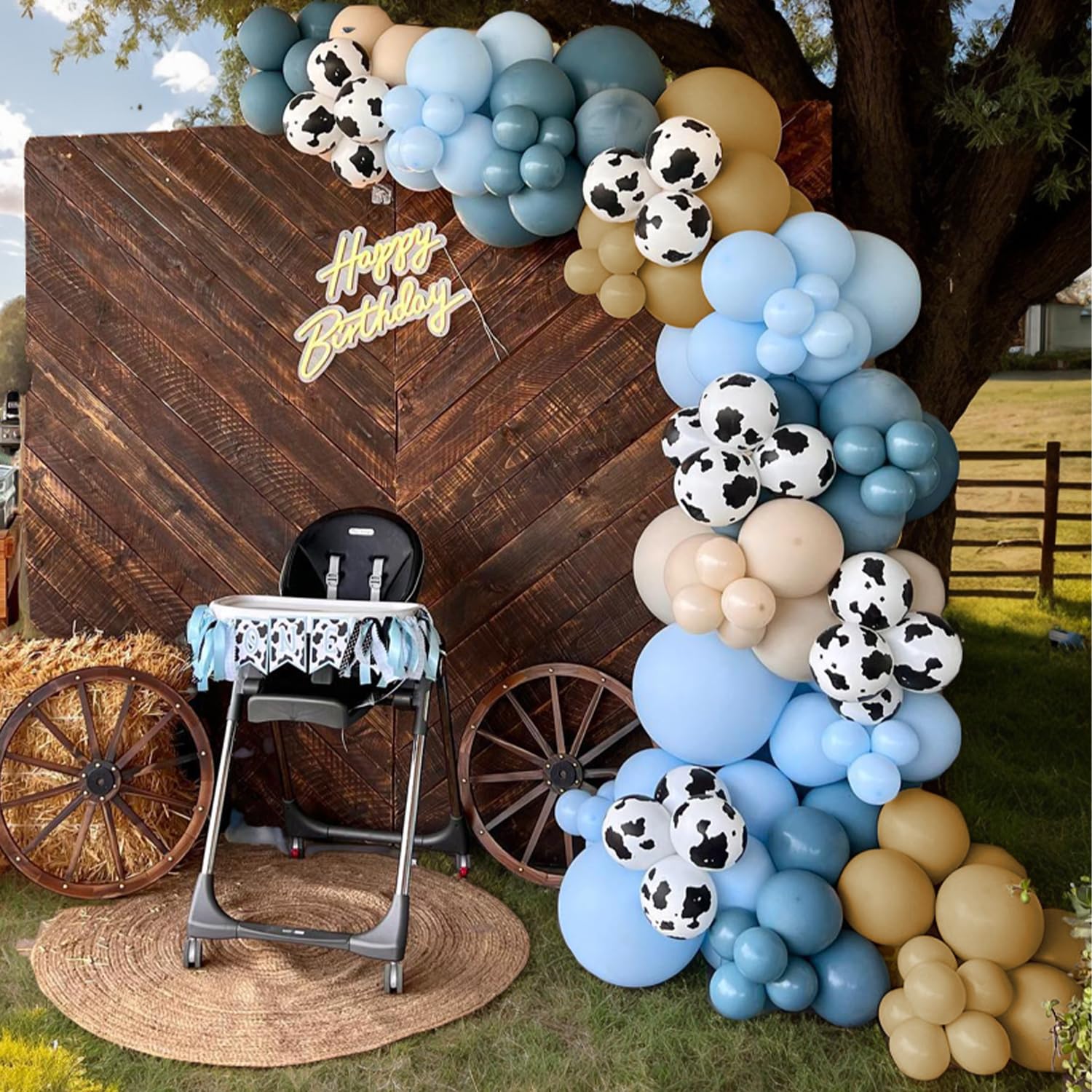 Photo 1 of 153 PCS Dusty Blue Cow Balloon Arch Garland Kit – Dusty Blue, Pastel Blue, Brown, Cream and Cow Print Balloons for Baby Shower, Birthday, Farm, Western, and Cowboy Theme Party Decorations