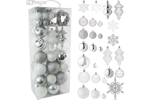 R N' D TOYS RN'D Christmas Snowflake Ball Ornaments - Christmas Hanging Snowflake and Ball Ornament Bulk Assortment Set with Hooks - 76 Xmas Ornaments and Hooks (White & Silver)