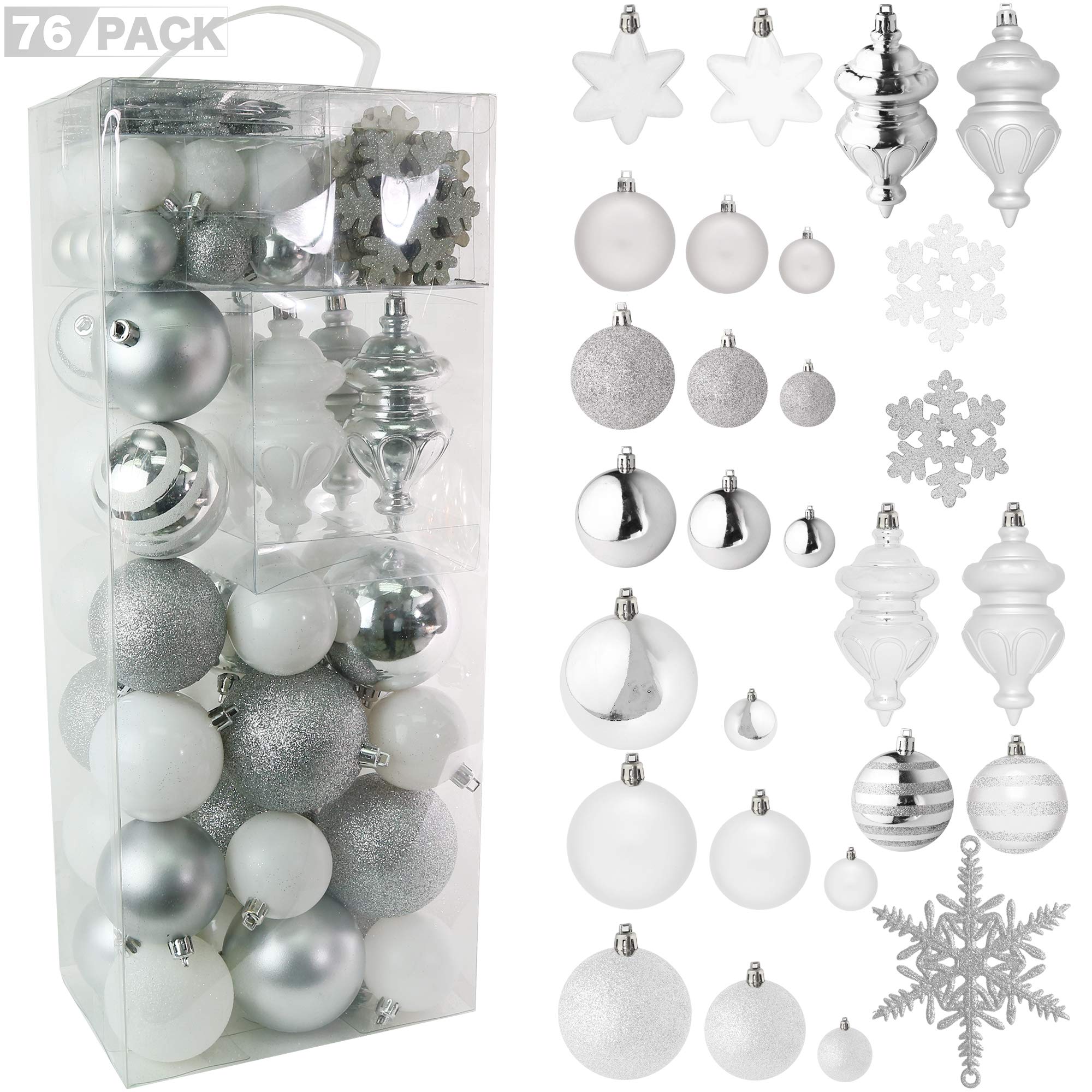 RN'D Christmas Snowflake Ball Ornaments - Christmas Hanging Snowflake and Ball Ornament Bulk Assortment Set with Hooks - 76 Xmas Ornaments and Hooks (White & Silver)