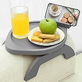 AISONGDONG Couch Arm Table, Bamboo Couch Armrest Table with 360° Phone Holder,Foldable Eating Chair Side Tray for Food Snacks Coffee Remote on Sofa Armrest