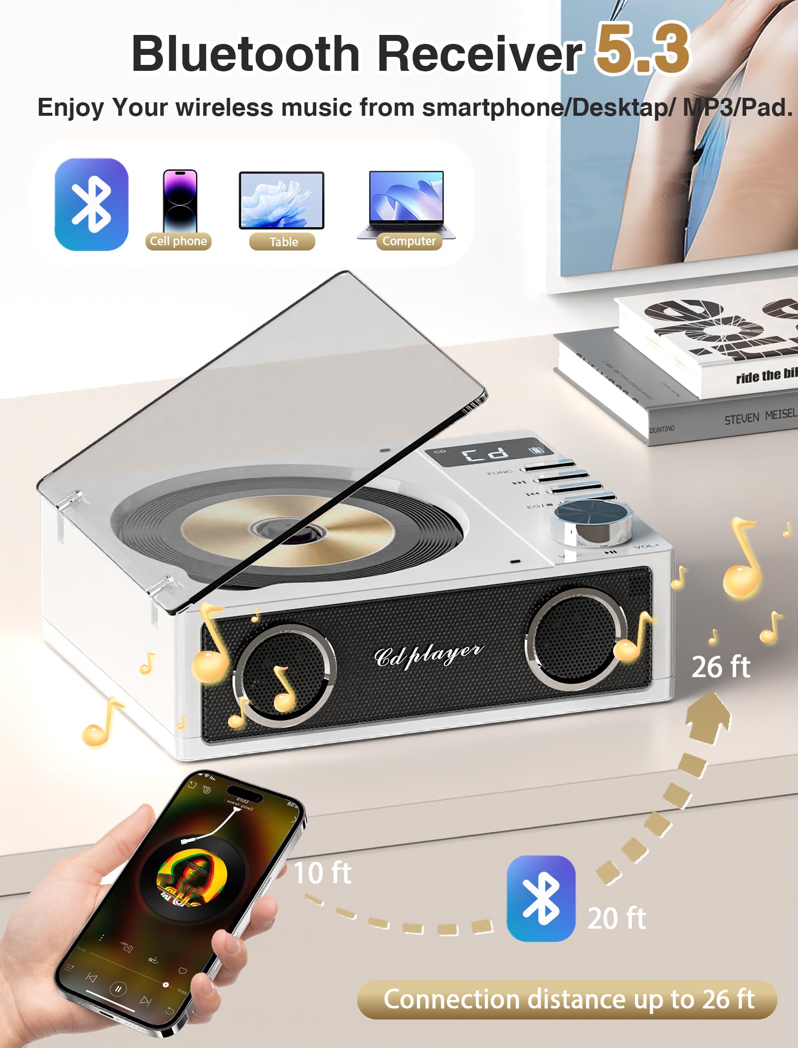 4000mAh Rechargeable CD Player with Bluetooth CD Player Wtih Dual Big Speakers,Retro CD Music Player with Remote Control, LCD Display, Support Opt/USB/TF Card/AUX/3.5mm Headphone Jack for Car Or Home