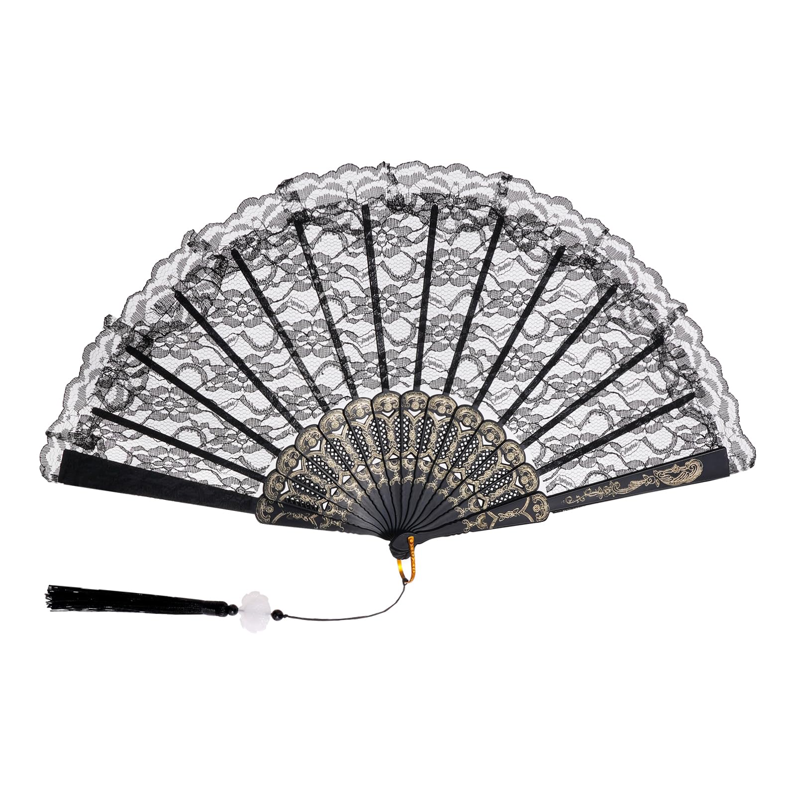 Photo 1 of Jmkcoz Lace Handheld Folding Fan Embroidered Flower Bridal Hand Fan Chinese Japanese Vintage Fan for 1920s Costume Wedding Dancing Tea Party (1, Black)