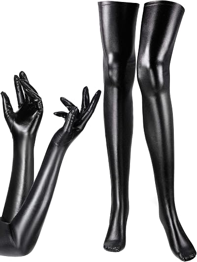 SATINIOR Satin Wet Look Gloves and Thigh High Stockings Set Black