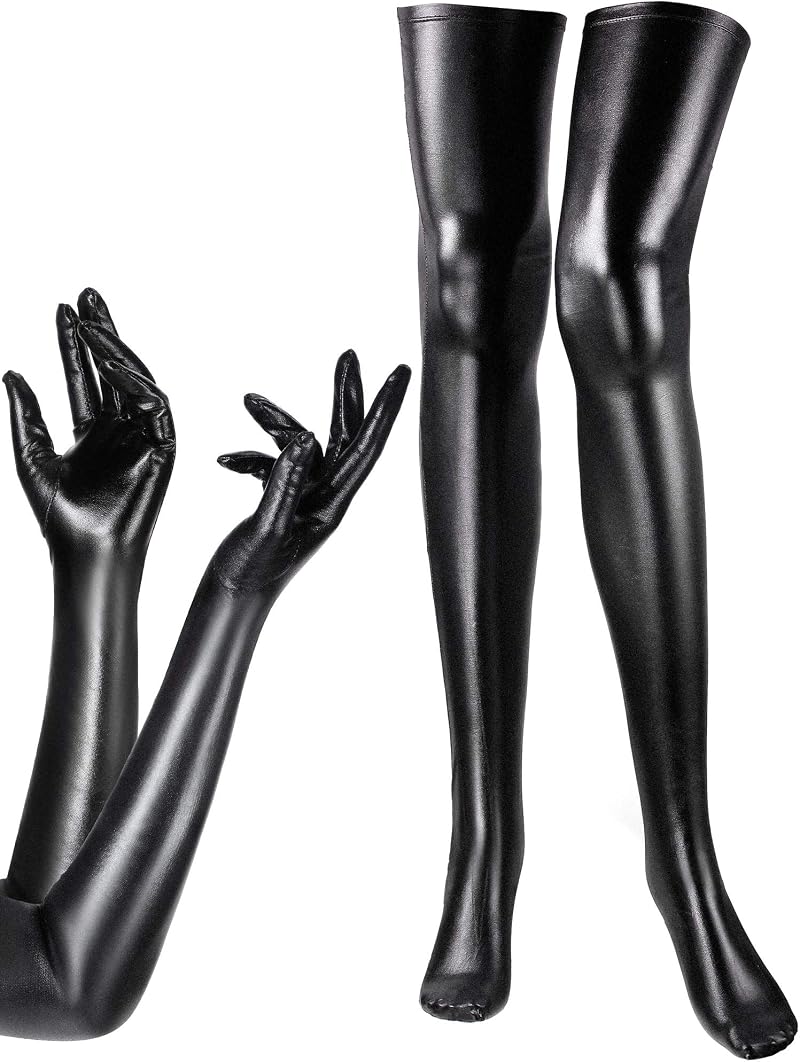 SATINIOR Satin Wet Look Gloves and Thigh High Stockings Set Black