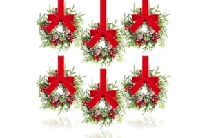 Dingion 6 Pcs Mini Christmas Kitchen Cabinet Wreath Small Christmas Wreath Decorations Norfolk Pine Artificial Berries Snowy Pine Garland with Red Ribbon for Xmas Table Centerpiece Front Door Decor