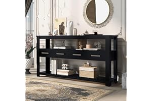 Merax 62.2" Entryway Console Table with 4 Drawers and 3-Tier Open Shelves, Painted Sofa Table with Metal Handles, Large Hallw