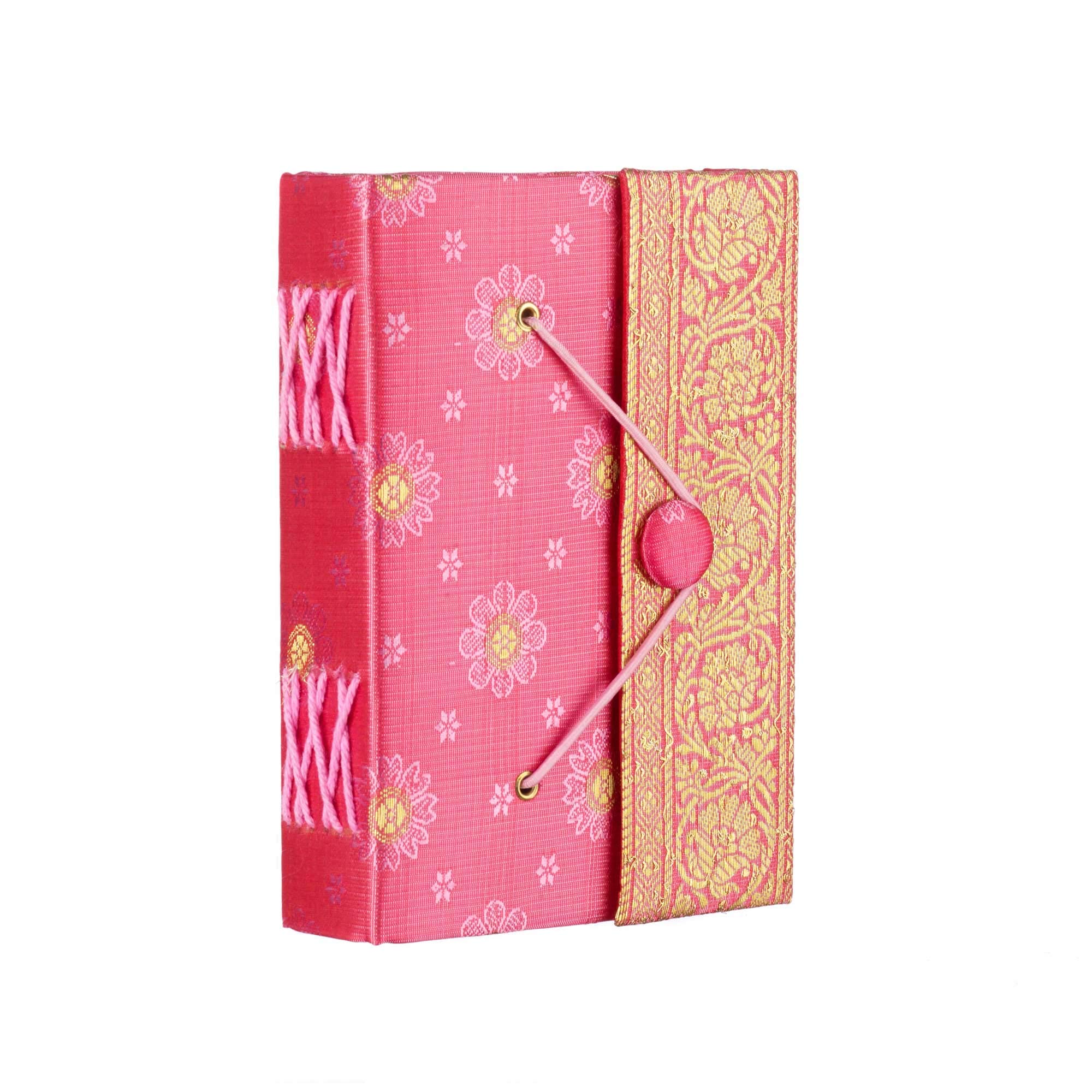 Sari Journal Medium 11cm x 16cm - Pink - Unlined Recycled Paper - Elastic Closure - Pocket Notebook and Diary - Indian Stationery Gift - For Men Women Students - Sari Fabric