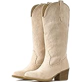 IUV Suede Cowboy Boots For Women Chunky Heel Pointed Toe Cowgirl Boots Mid Calf Western Embroidery fall Boot