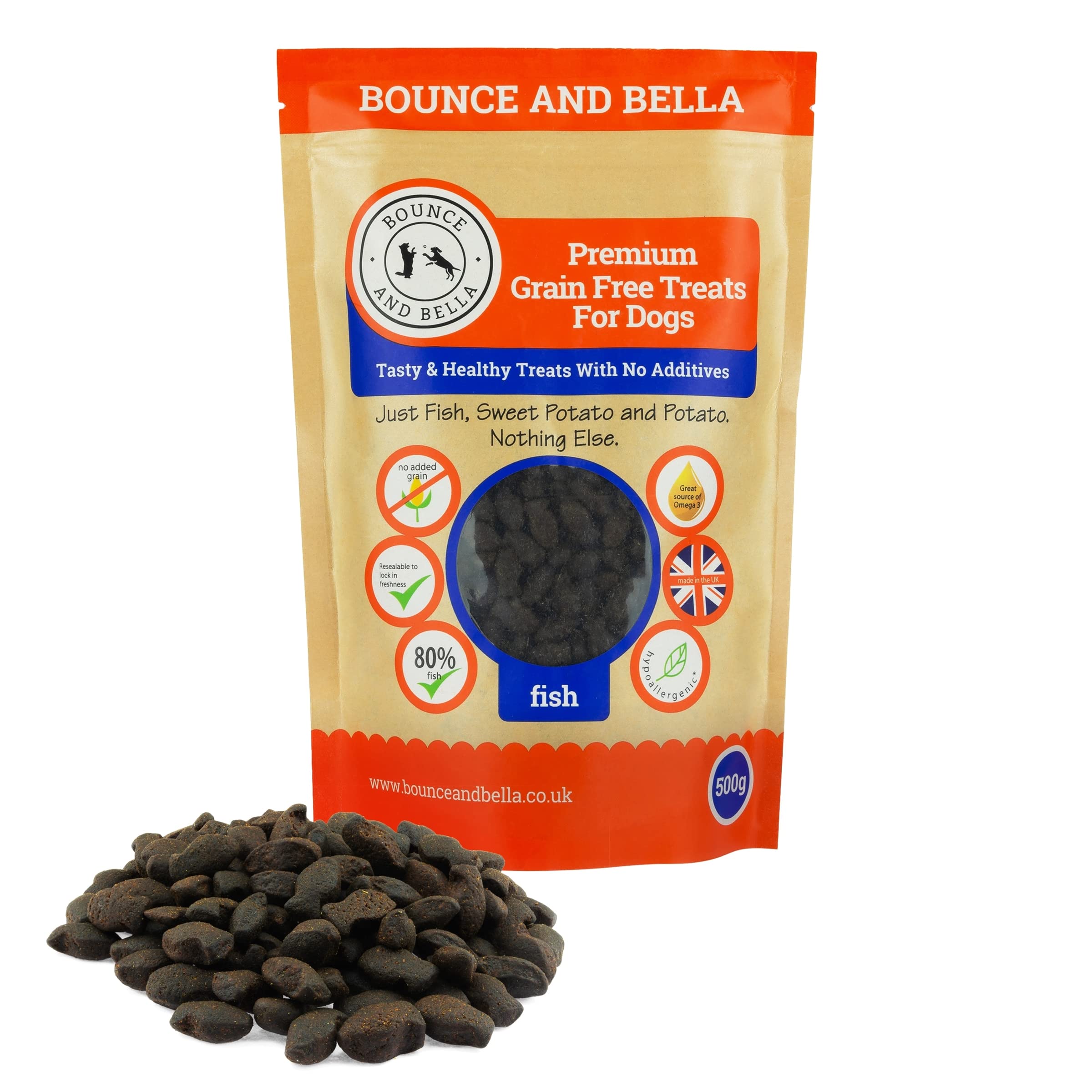 Bounce and Bella Grain Free Dog Training Treats - 1000 Treats - 80% Steamed Fish, 20% Potato & Sweet Potato - Hypoallergenic with Omega-3 and Vitamins for Healthy Dogs (3 pack)