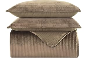 Elegant Comfort Luxury 3-Piece Velvet Corduroy Stripe Quilt Set, Ultra Soft Bedspread - Cozy Velvet Coverlet Set - 3PC Medium Weight Quilted Set with Matching Pillow Shams, Queen, Khaki