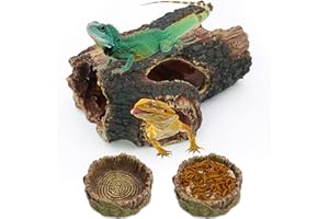 Dexspoeny 3Pcs Reptile Hide Cave Small Lizard Reptile Food＆Water Bearded Dragon Bowls Accessories,Natural Resin Hollow Tree Trunk Hideout,Hermit Crab Supplies Trunk Snake Gecko Frogs Fish Tanks Decor