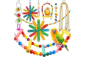 QUOZUO 8 pcs Bird Toys for Parakeets with Colorful Ladder Hammock Bird Cage Accessories Bird Perch Stand Chewing Toys Hanging Bell Parrot