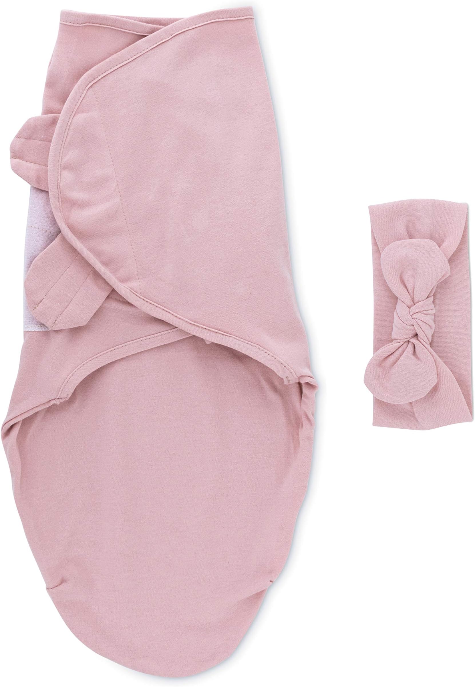 Petit Dreams Adjustable Swaddle and Bow Headband Set Jersey Knit Cotton for Baby Girl from 0-3 Months, Solid Pink