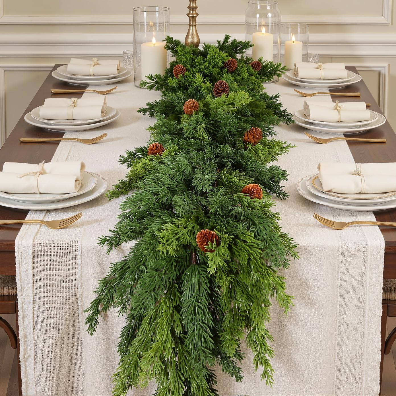 Photo 1 of ***ONLY 1 PC*** 2PCS 6FT Christmas Garland, Cedar Garland -Realistic Greenery Cypress Pine Garland with Pinecones for Mantle Table Railing Fireplace Indoor & Outdoor Christmas Decoration