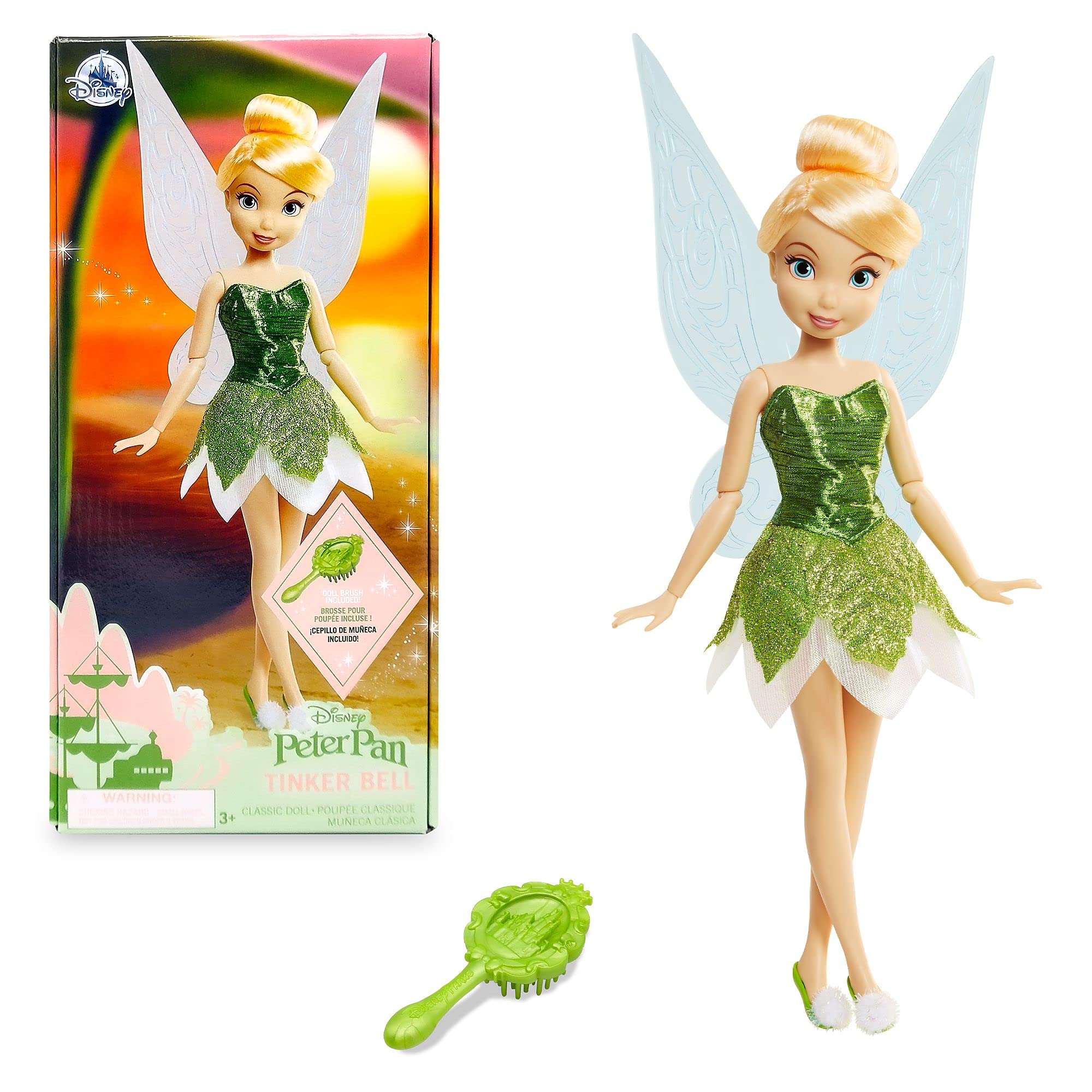 Disney Store Official Tinker Bell Classic Doll for Kids, Peter Pan, 25.5cm/10”, Includes Brush with Moulded Details, Fully Posable Toy in Shimmery Green Dress - Suitable for Ages 3+