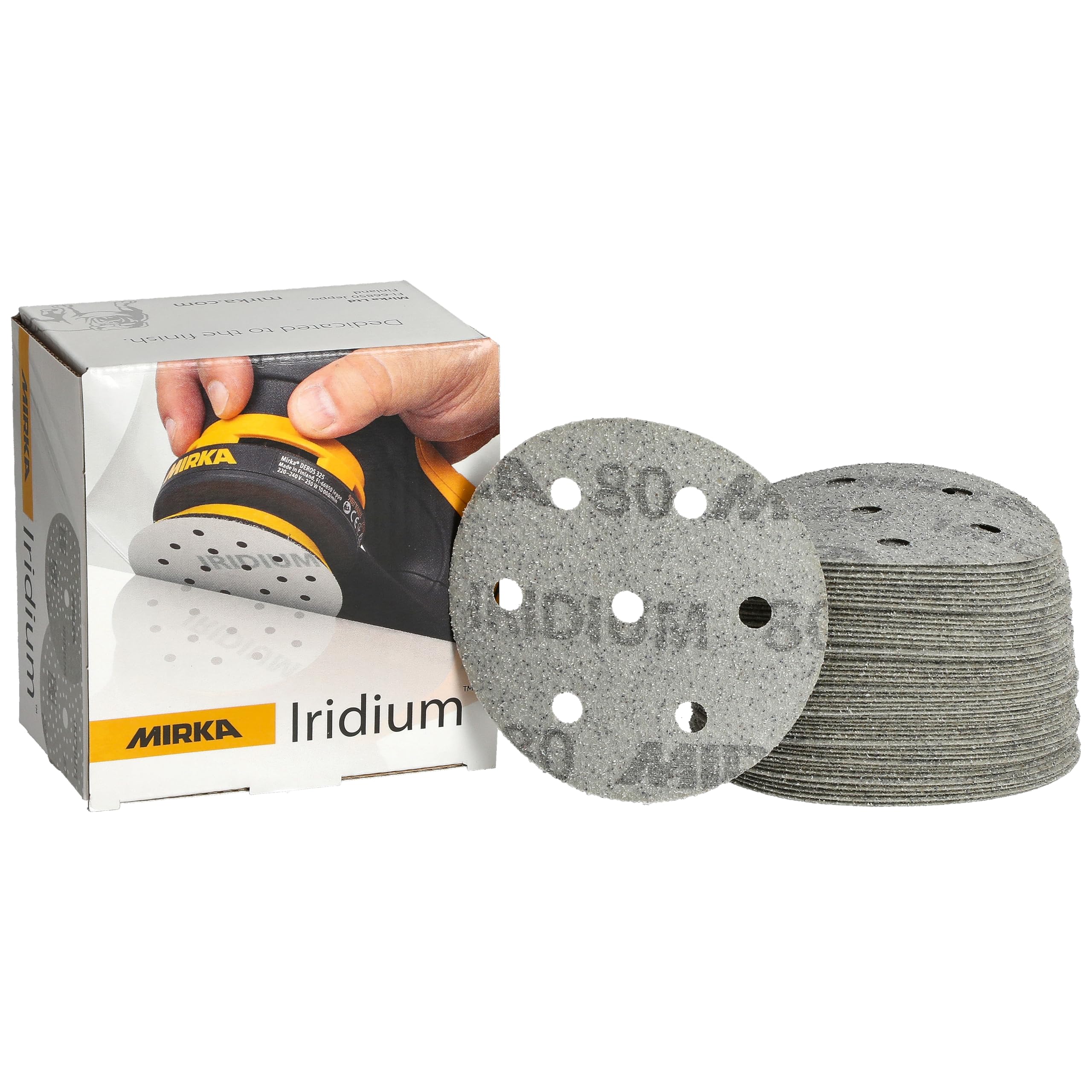 Mirka Iridium Premium-Schleifpapier Ø 90mm Hook & loop 7-Loch, Korn 80, 50 Stk/Zum Schleifen von Lack, Spachtel, Grundierung, Holz, Stahl, Mineralwerkstoffe, Kunststoff