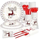 Xionpe 140-Pc Christmas Disposable Tableware Set for 20 Guests - Reindeer Themed Party Supplies with Dinner Plates, Dessert Plates, Napkins, Cups, Forks, Knives & Spoons