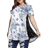 LARACE Plus Size Spring Summer Tunics Tops Short Sleeve Shirts Flowy Lace Tops Wrinkle Free Blouses for Women Dressy Casual
