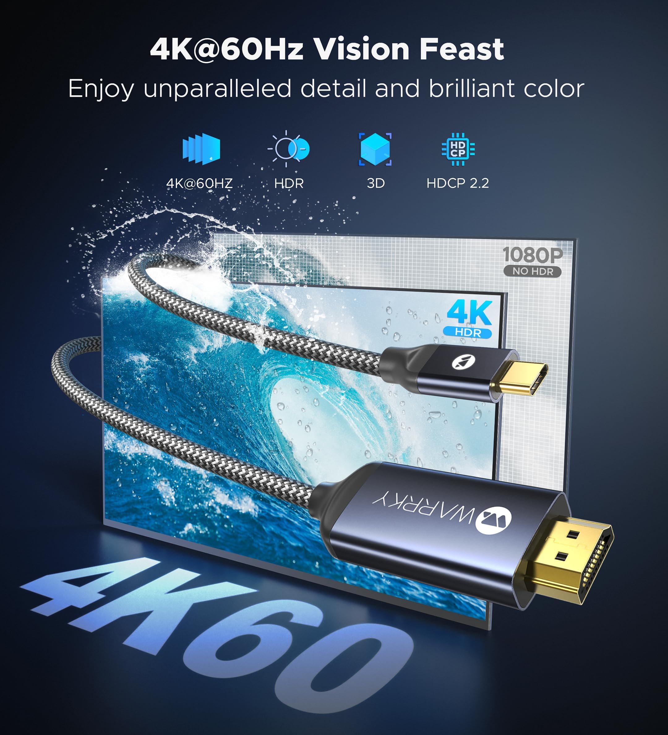 Warrky USB C to HDMl Cable 4K@60Hz [High Speed, Gold-Plated] Type C to HDMl 2.0 Cord, Thunderbolt 4/3 to HDMl, Compatible with iPhone 16 Pro, MacBook Pro/Air, iPad Pro, Surface, Galaxy S24, XPS-6FT