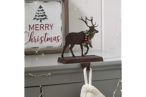 Glitzhome 6.5" H Christmas Reindeer Stocking Holder for Fireplace Mantel Stand Hanger Sturdy Wooden/Metal Xmas Seasonal Home Party Decoration