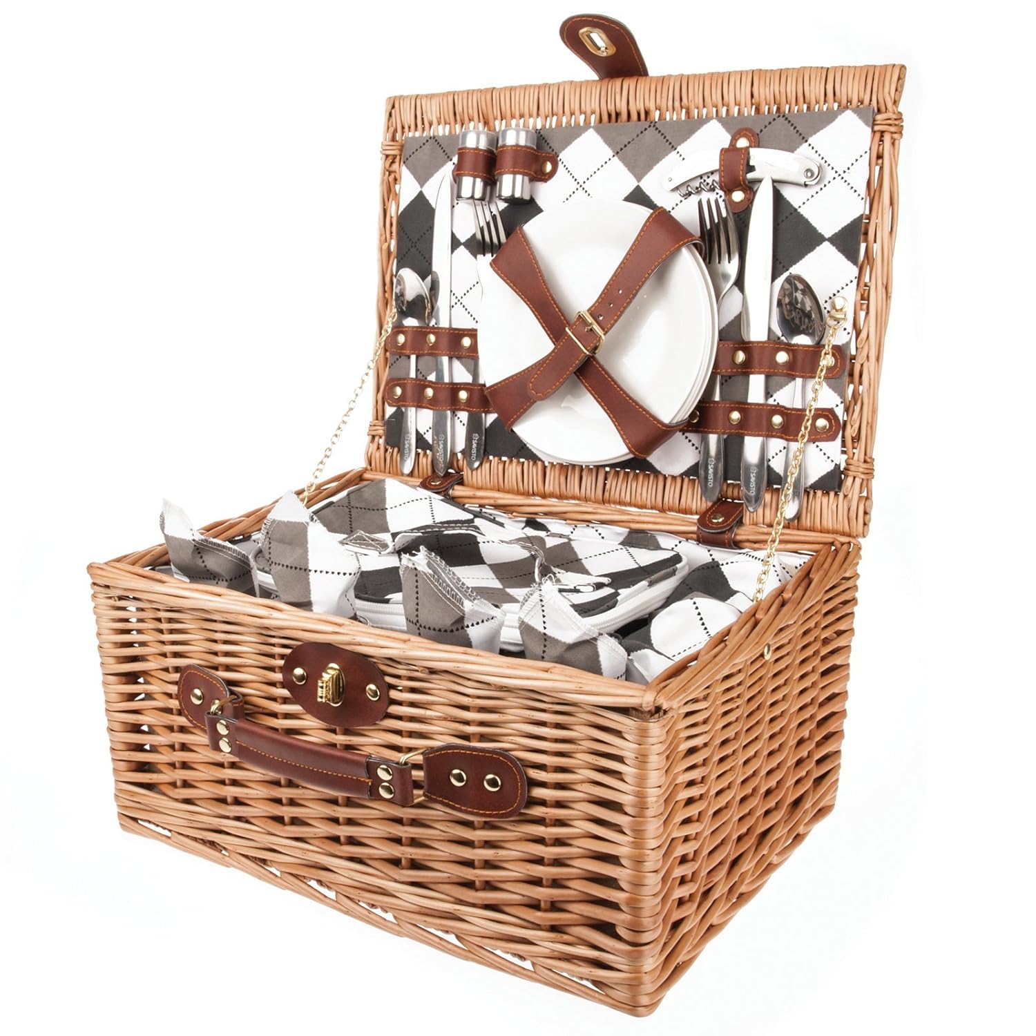 2 Person Wicker Picnic Basket with Full Picnic Set Plates, Glasses