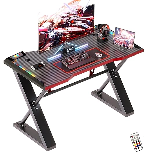 Xyphren 100 * 55 cm Gaming Desk with LED Lights, Gaming Table Thickened Z Shaped, Gamer Desk with Carbon Fiber Coated, Gaming PC Desk, Computer Desk Easy to Assemble, Carbon Fiber Black
