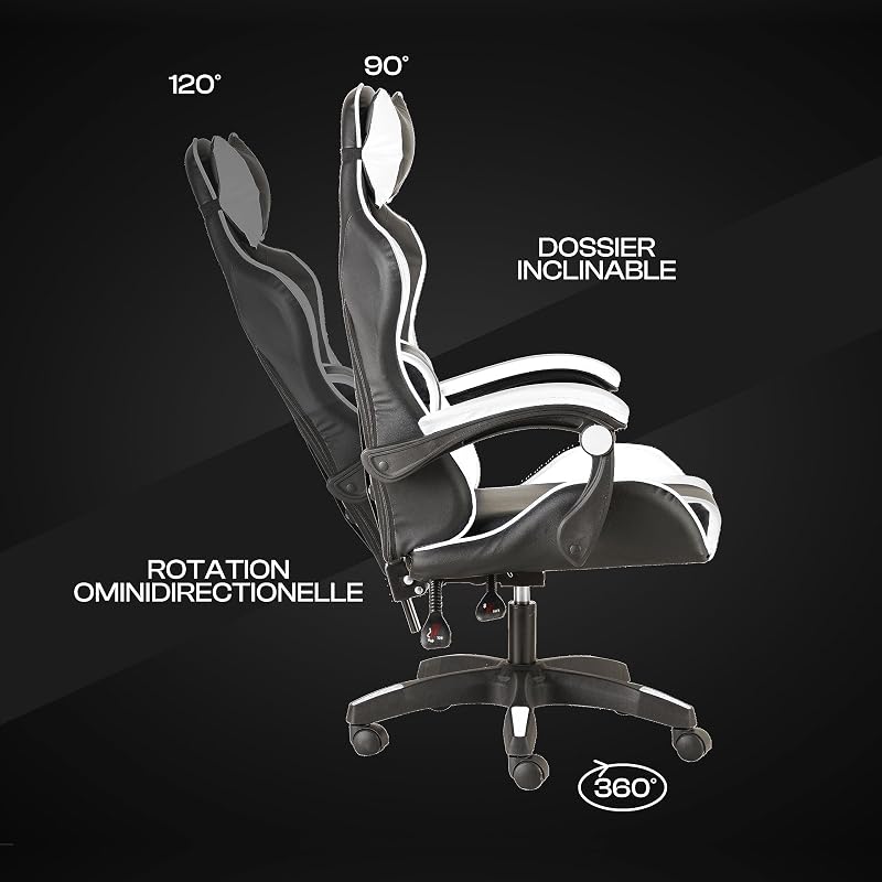 Chaise de Gaming, Chase de Jeux Ergonomique Chaise de Bureau avec Confortable Dossier réglable, Appui-tête et Soutien Lombaire, Blanc