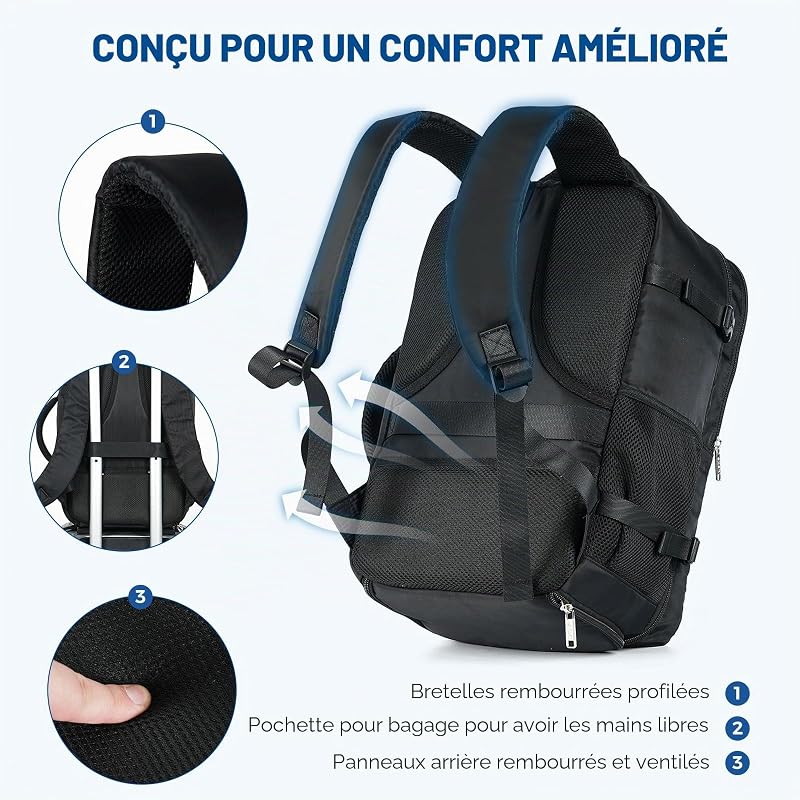 Sac a Dos Voyage Cabine Avion, 20L Sac 40x20x25 Ryanair Bagages Cabine Airbag Travel pour Easyjet Vueling Wizz Air, Sac à Dos Femme Homme pour Travail, Voyage, Weekend-Noir