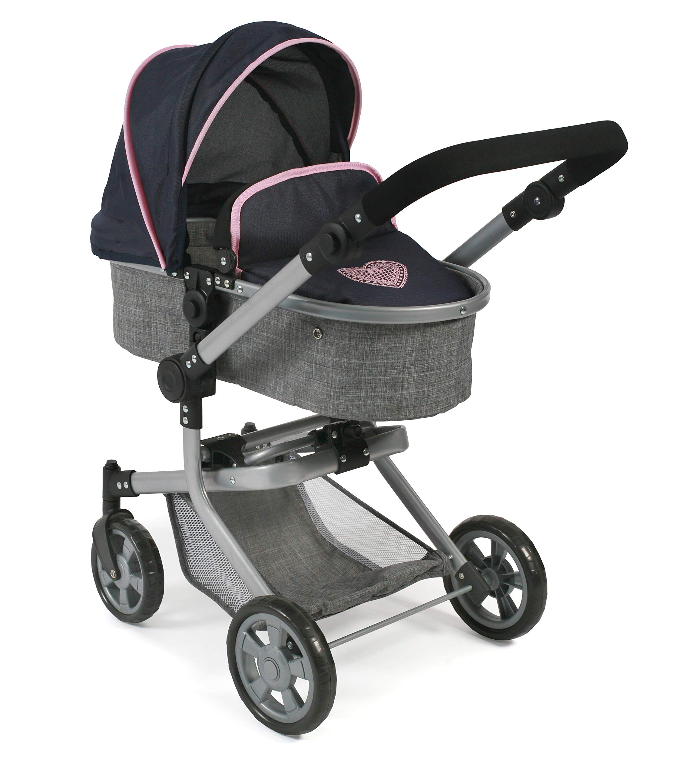 Bayer Chic 2000-59526 - Mika Doll's Pram, 2-in-1 Combination Doll Pram for Children from 4 to 8 Years, Melange Grey-Navy