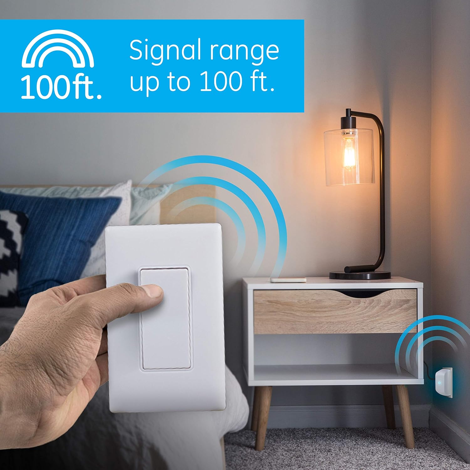 GE Wireless Remote Wall Switch Control, No Wiring Needed, 1 Grounded Outlet, White Paddle, Plug-in, Upto 100ft Range, Ideal for Indoor Lamps, Small Appliances, and Seasonal Lighting, 18279, Other - - 