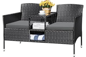 Devoko Outdoor Patio Loveseat Modern Rattan 2-Seat Patio Conversation Set with Cushions & Built-in Coffee Table Porch Furniture for Garden Lawn Backyard (Grey)