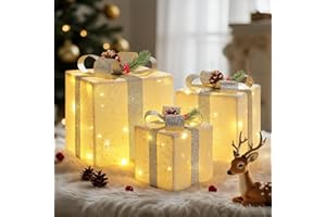 Lewondr Christmas Lighted Gift Boxes, 3 PCS Light Up Christmas Boxes with Remote Control, USB Wire, White Snowflake Pattern a